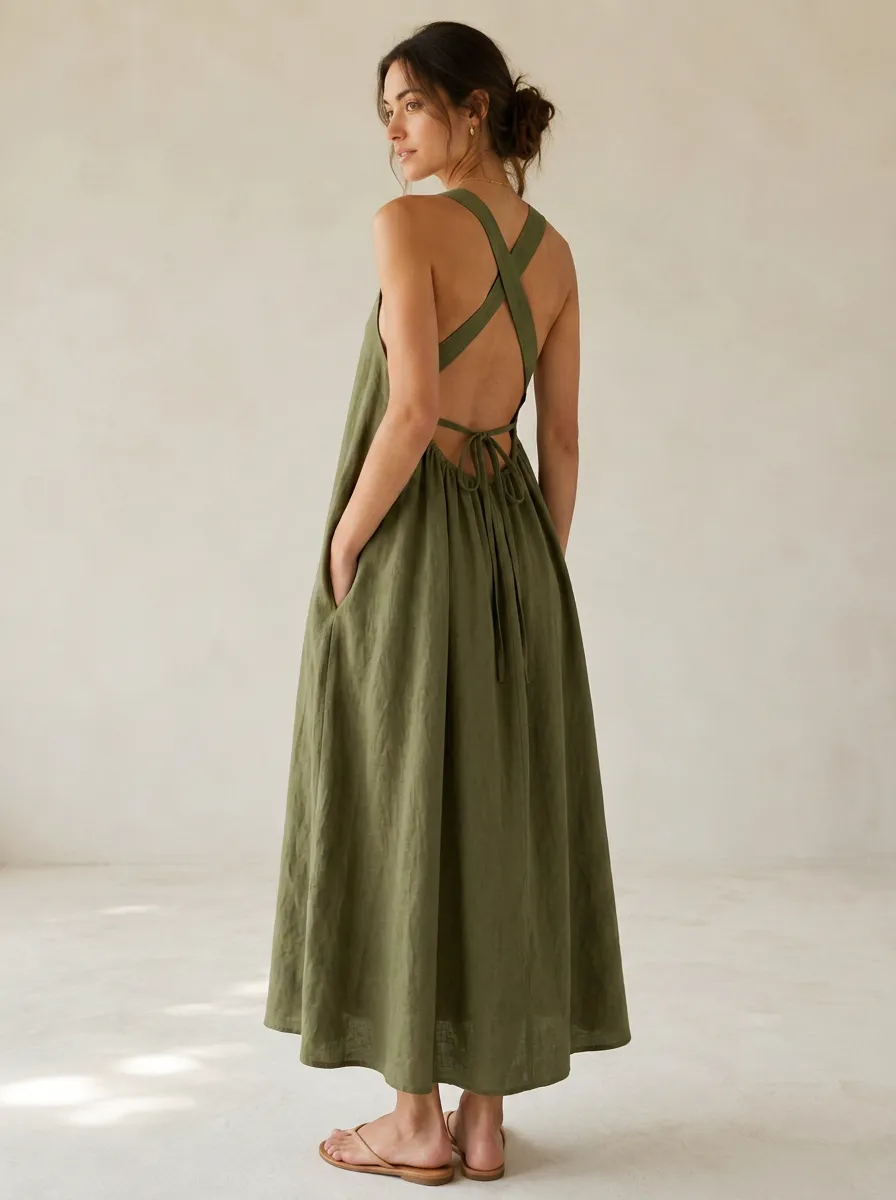 Women's Easy-Movement Casual Crisscross-Back Linen Backless Dress