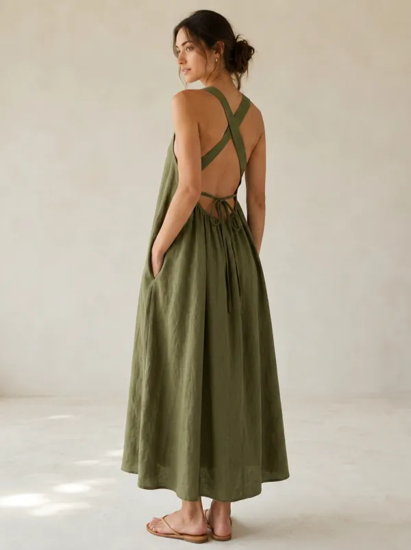 Women's Easy-Movement Casual Crisscross-Back Linen Backless Dress