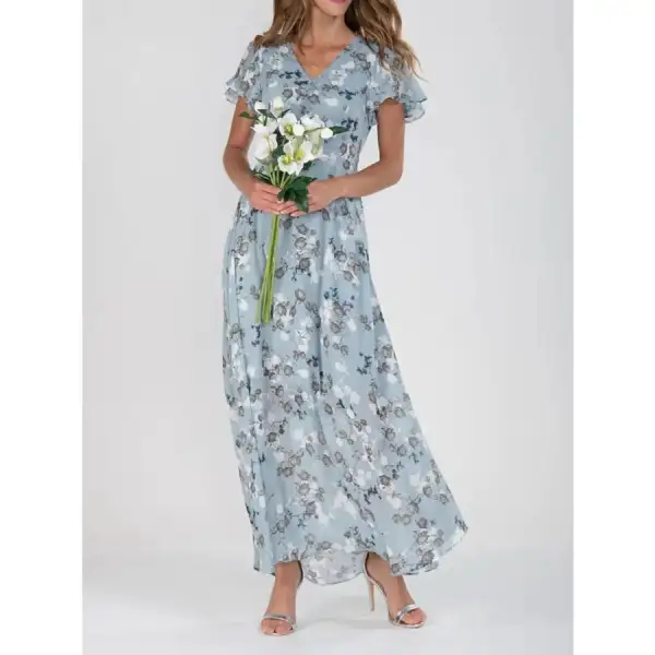 Floral V Neck Flutter Sleeve Maxi Dress