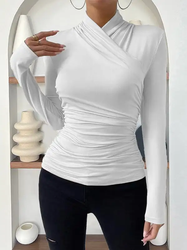 Long Sleeve Slim Fit Pleat Detail Mock Neck T-Shirt