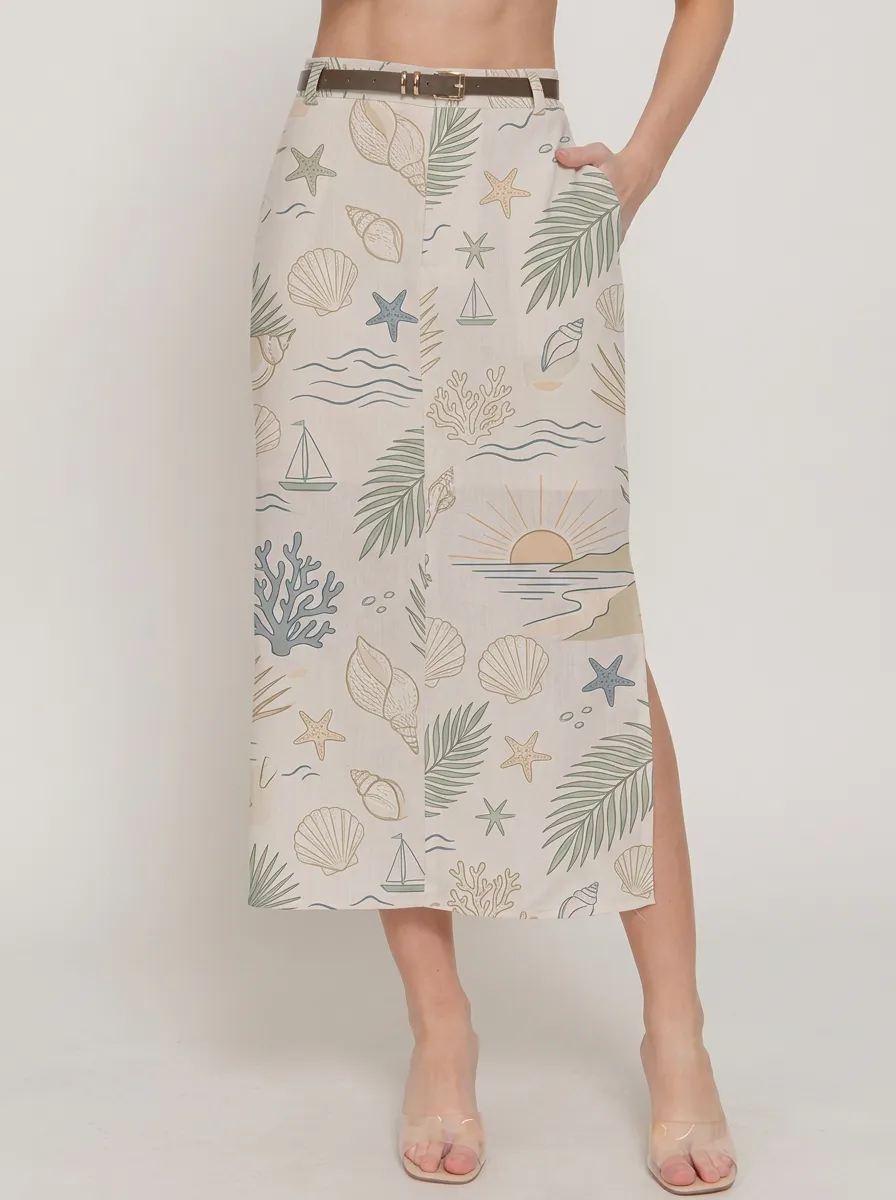 Women's Beach Lover Seashell Palm Leaf Sunset Printed Skirt