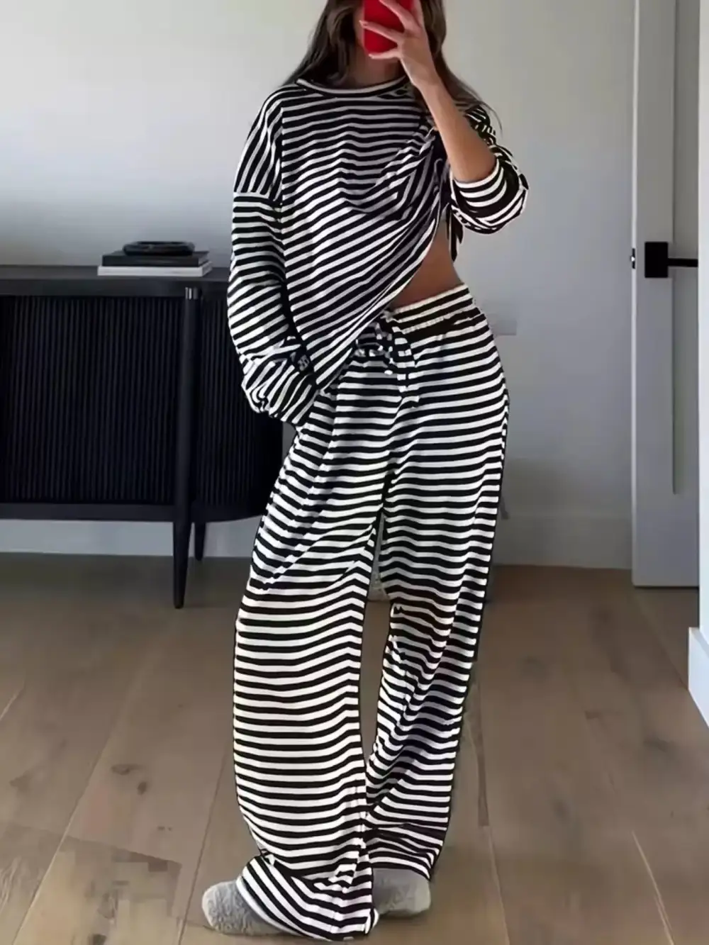 Relaxed Striped Round Neck Top and Pants Set