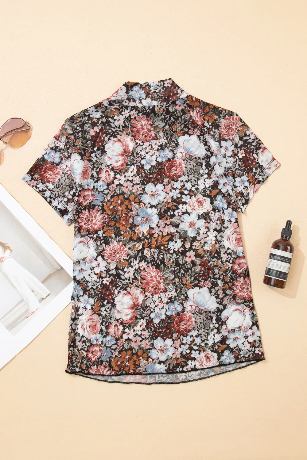 Brown Floral Print High Neck Top