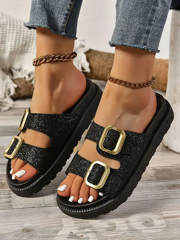Buckle Cutout Open-Toe Polished Flat Sandals