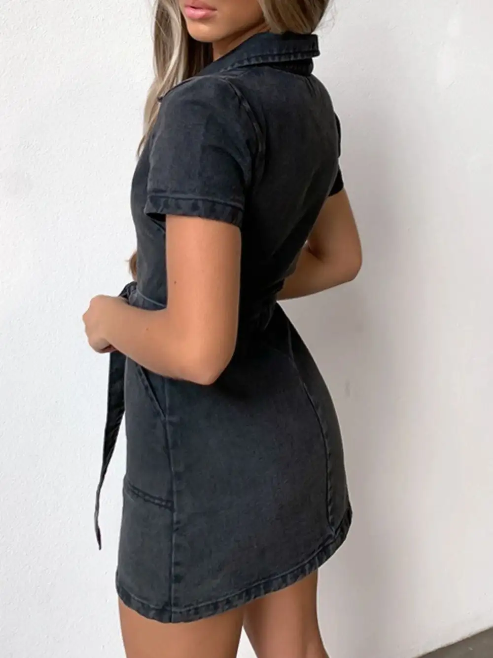 Denim Zip Front Short Sleeve Dress Casual