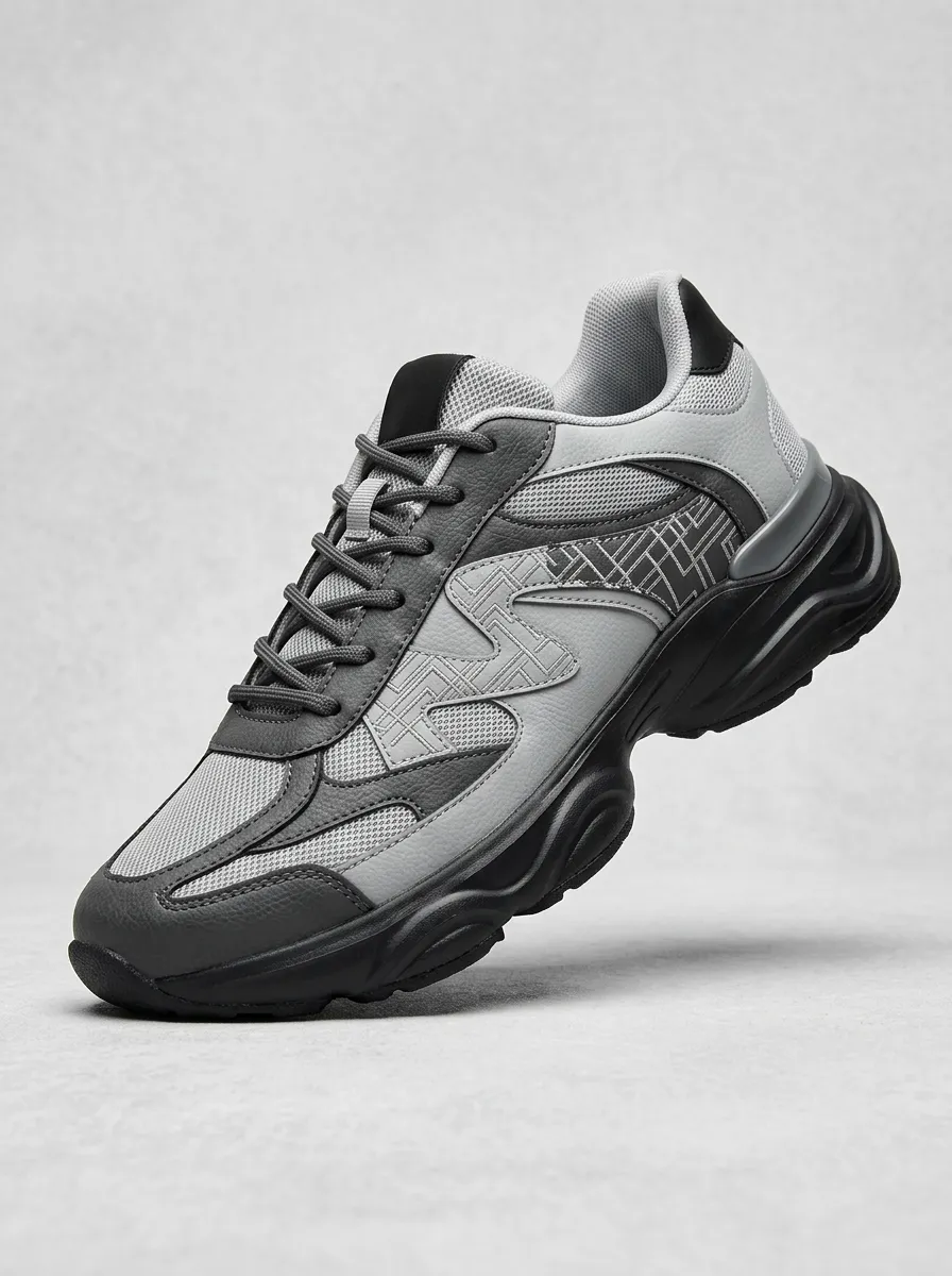 Men's Grey and Black Paneled Chunky Sneakers