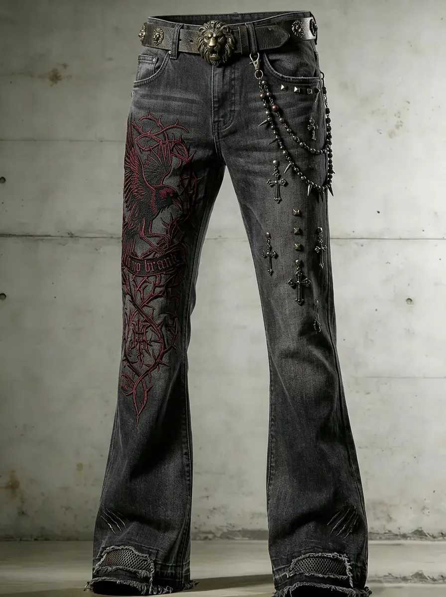 Shadow Raven Thorn Cross Design Men's Gothic Jeans