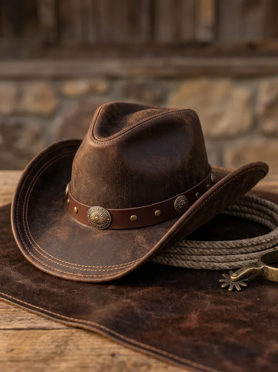 Unisex Leather Cowboy Hat with Concho Detail