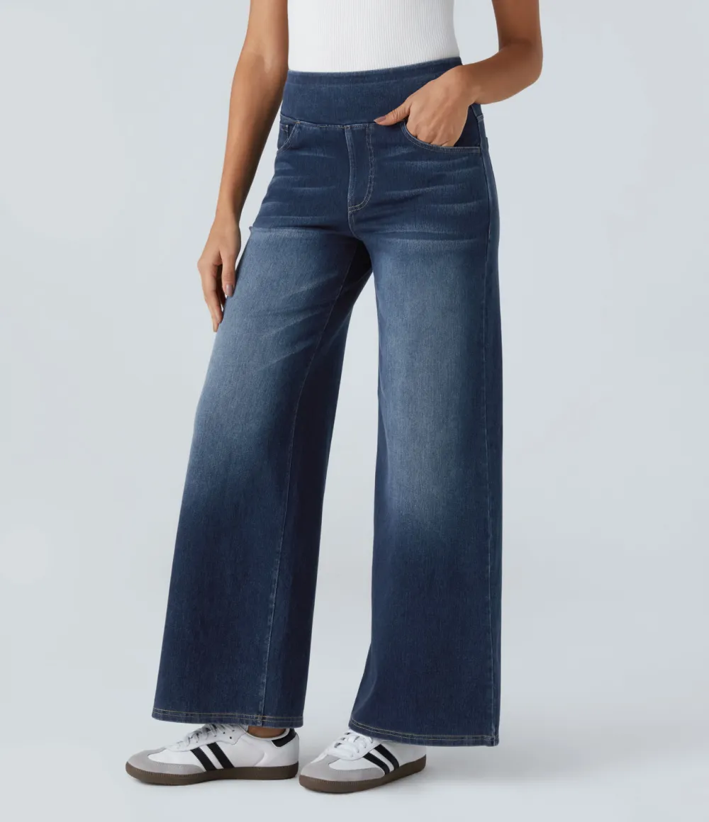Magic High Waisted Multiple Pockets Wide Leg Washed Stretchy Knit Casual Jeans