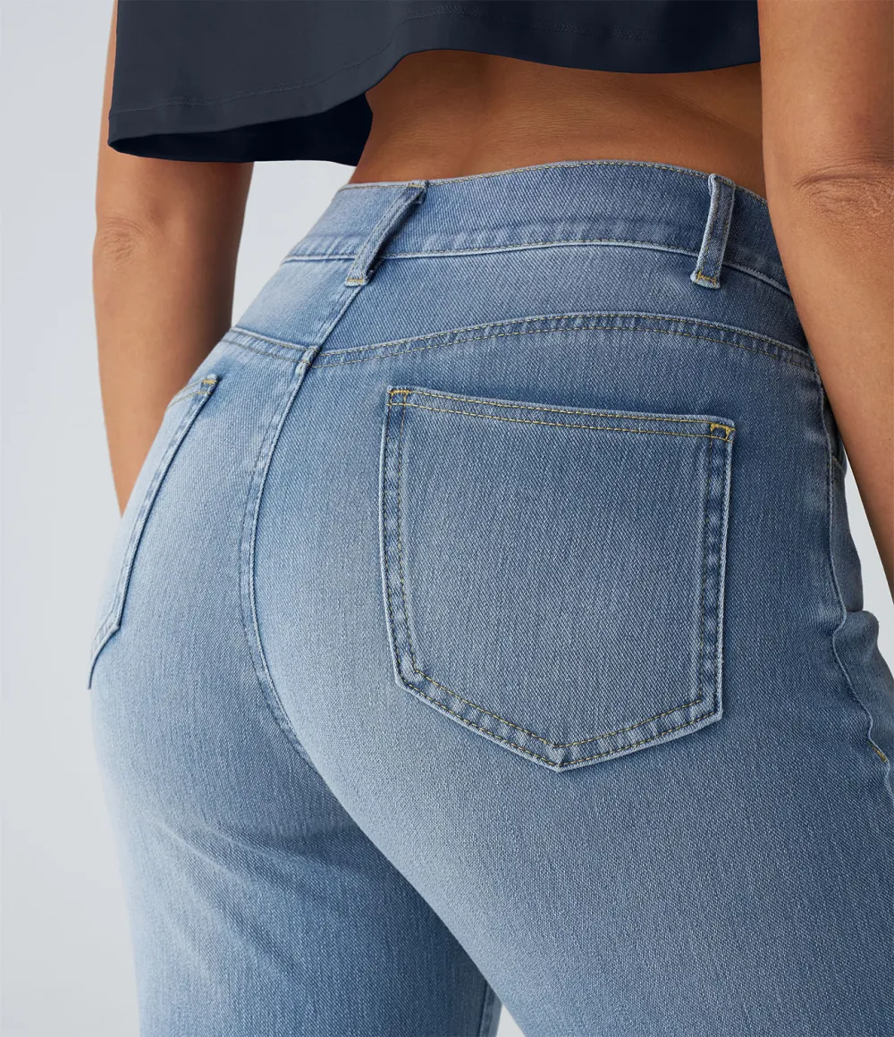 Magic High Waisted Multiple Pockets Straight Leg Washed Stretchy Knit Casual Jeans
