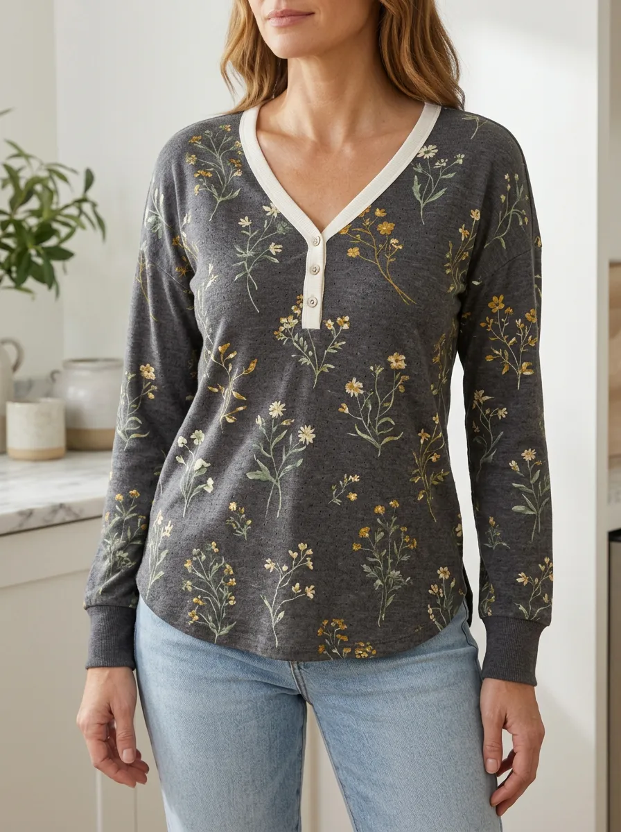 Women's Floral Nature Lover Wildflower Printed Henley Shirt
