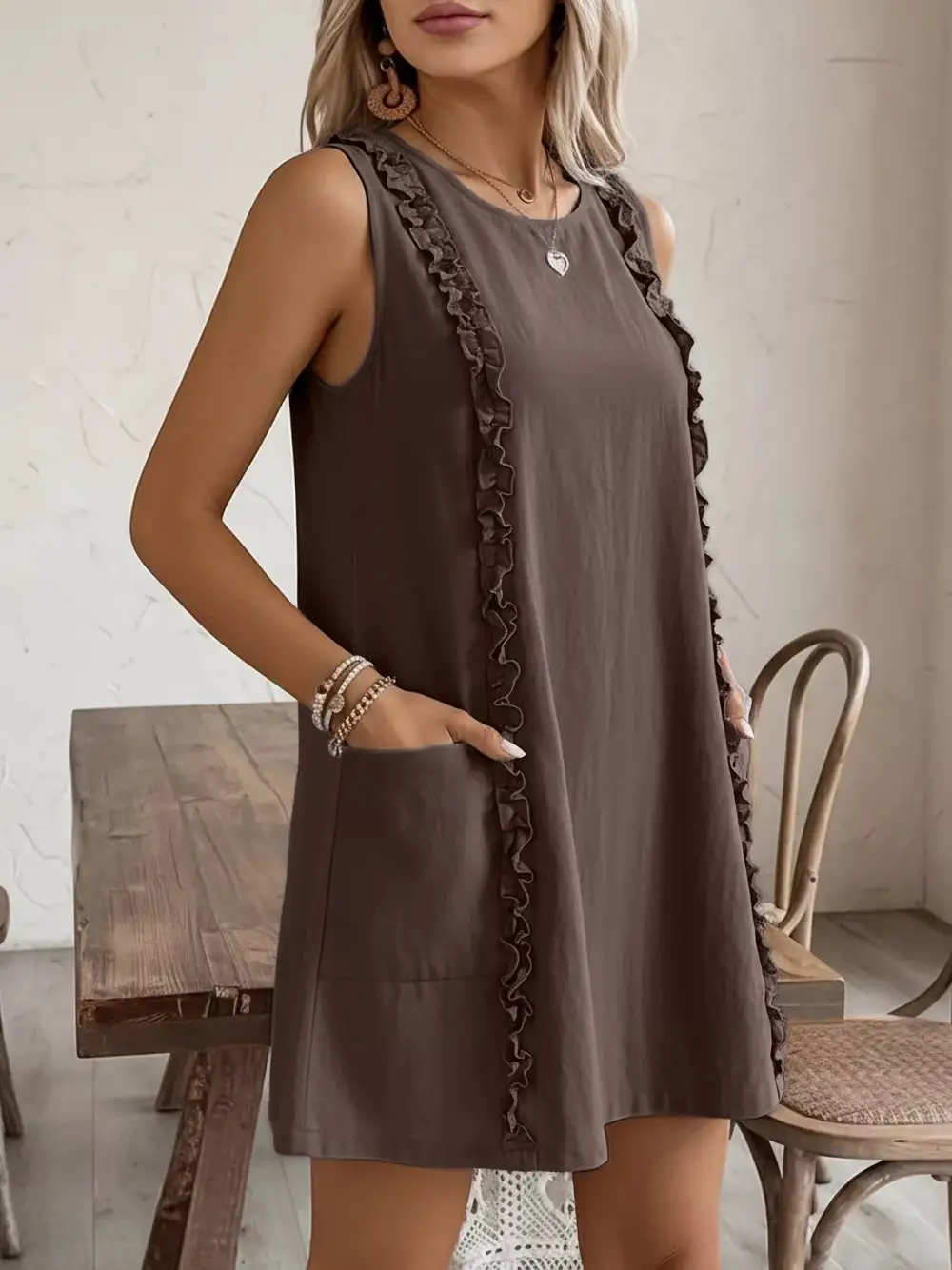 Round Neck Ruffle Sleeveless Dress Casual