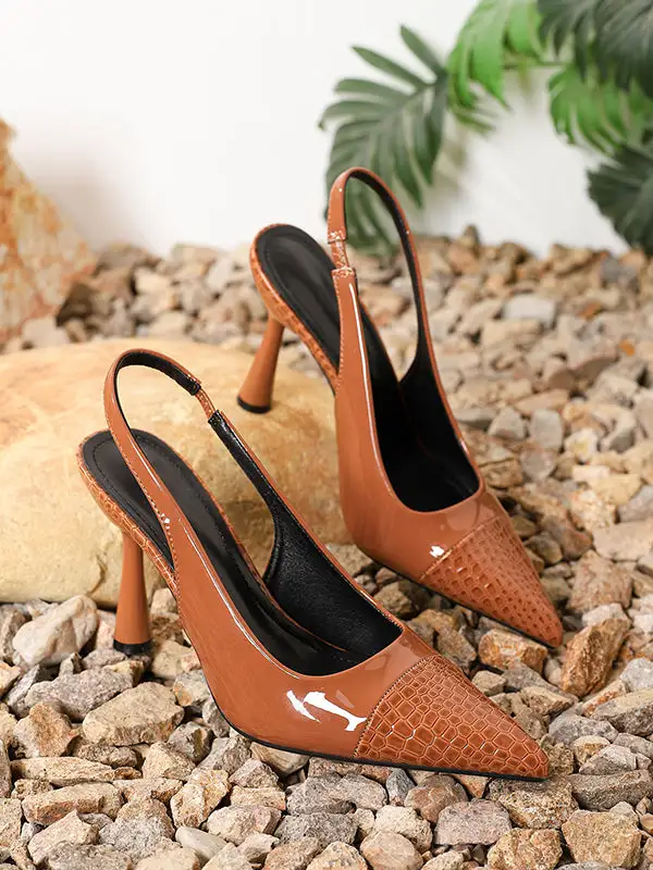 Pointed-Toe Panel Detail Slide Heeled Sandals