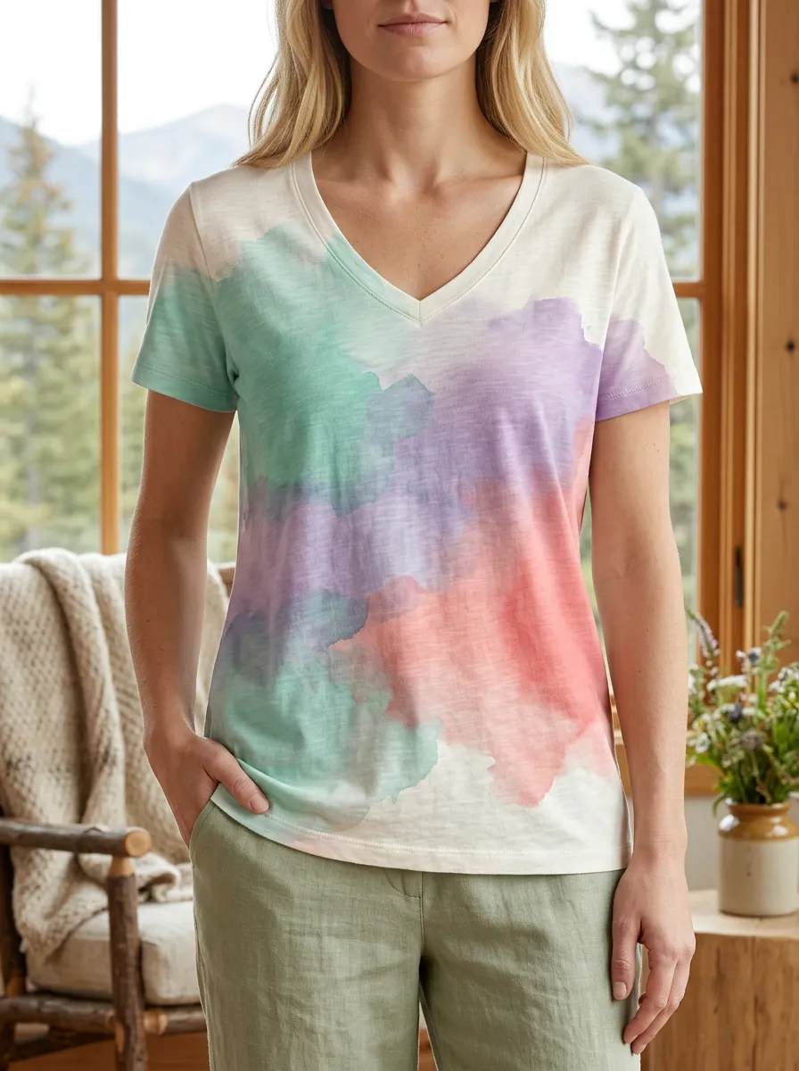 Women's Watercolor Abstract Print V-Neck T-Shirt