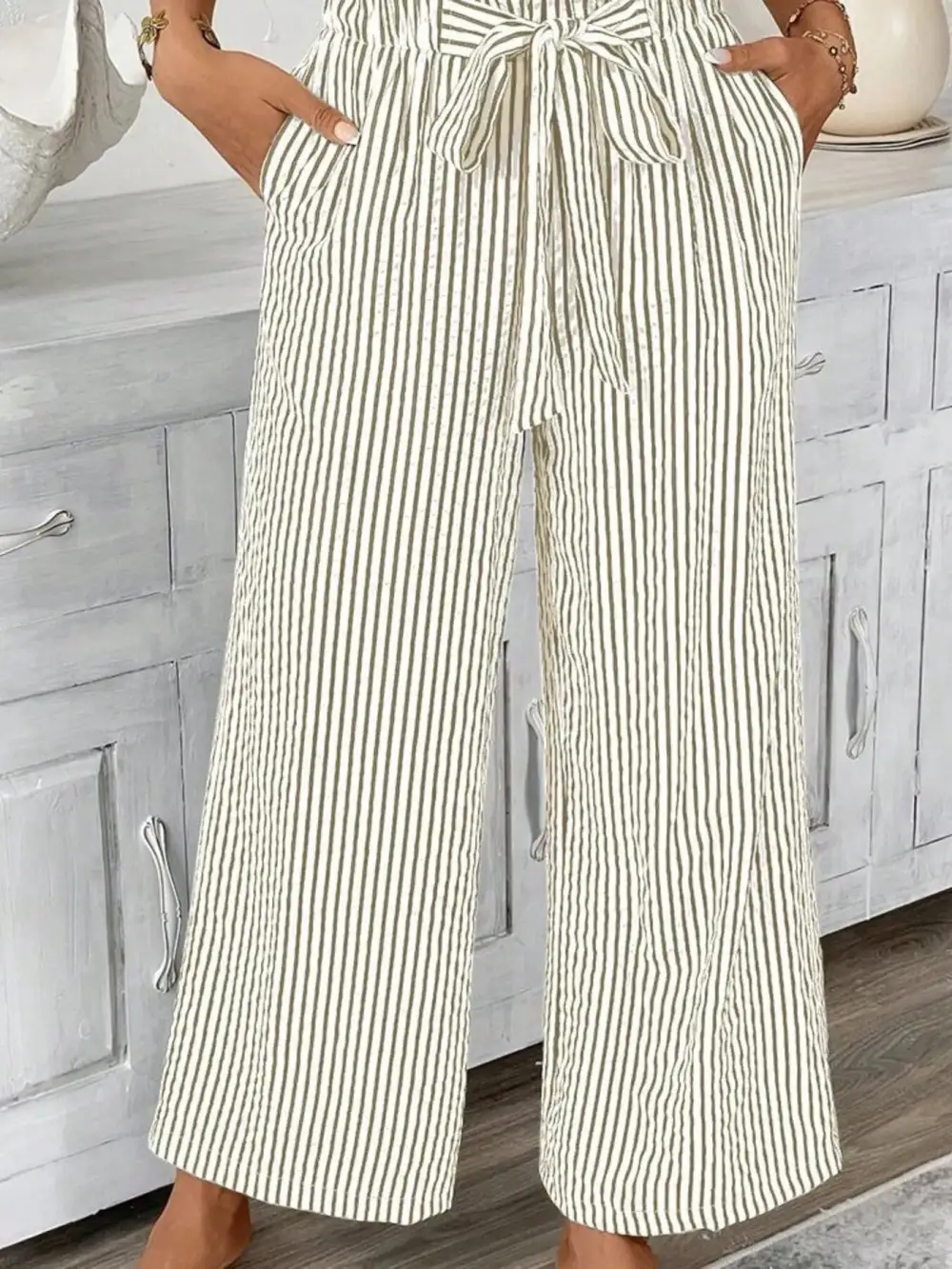 Wide Leg Paperbag Waist Striped Cropped Pants