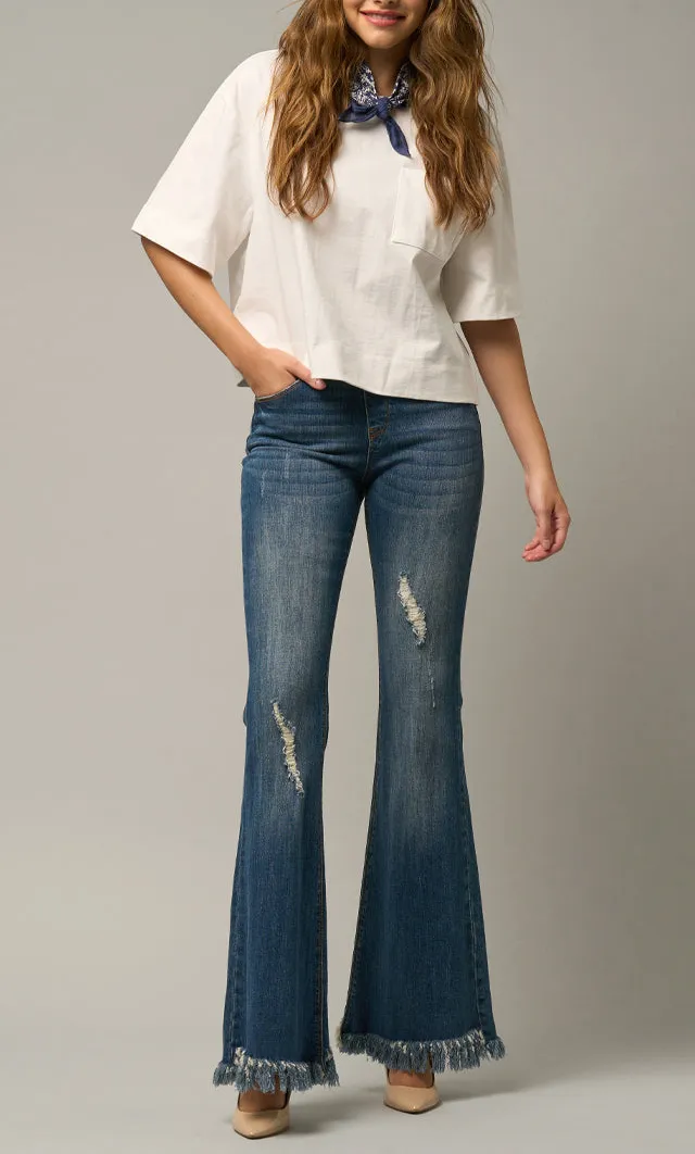 Wide Elastic Banded Fray Flare Jeans