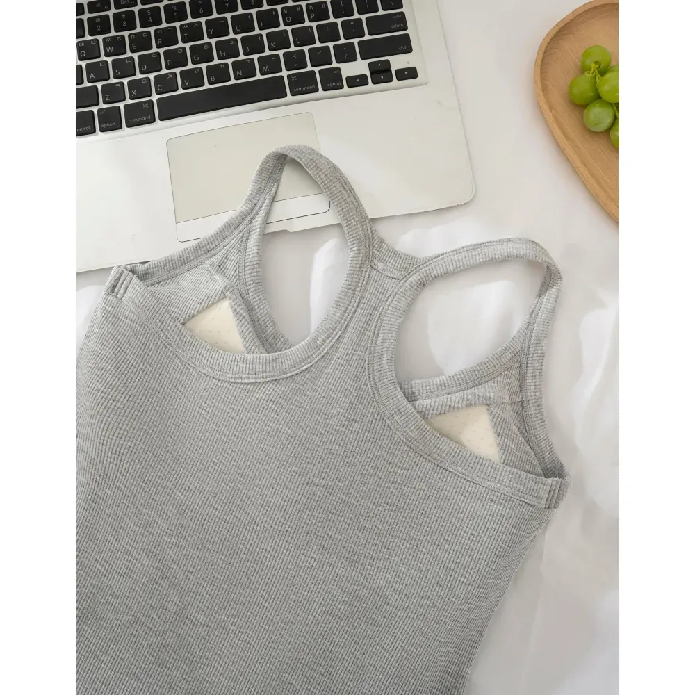 Women's Ribbed Built-in Bra Tank Top | Racerback Cropped Camisole with Removable Pads | Wireless Supportive Workout Yoga Top