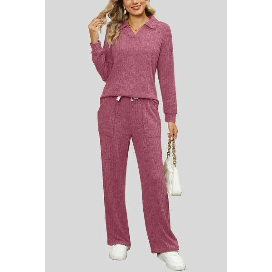 Ribbed Long Sleeve Top and Pocketed Pants Set