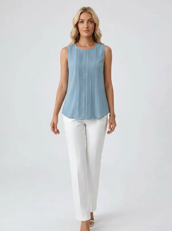 Pleated Lace Trim Sleeveless Blouse
