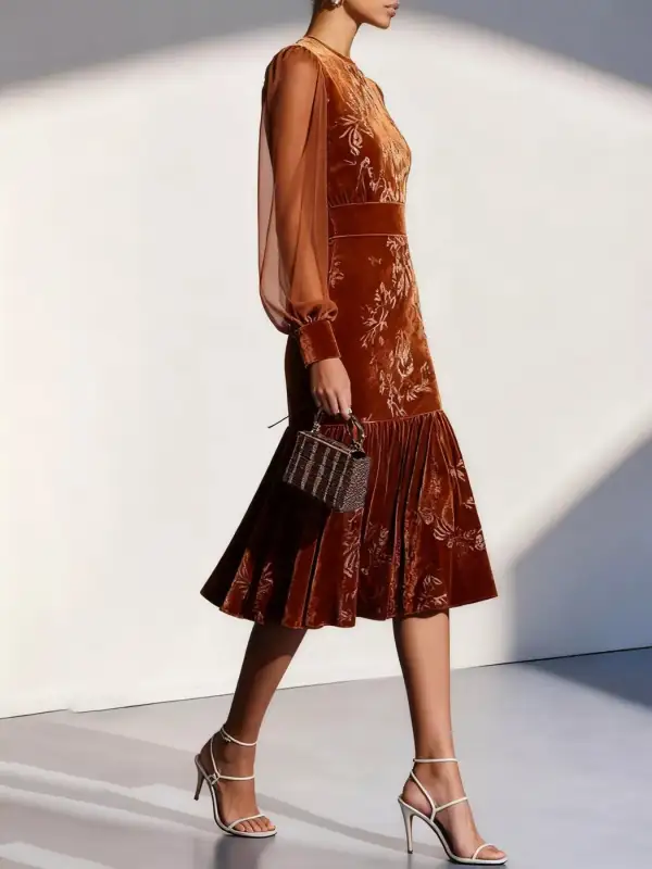 Velvet Lantern Sleeve Midi Dress