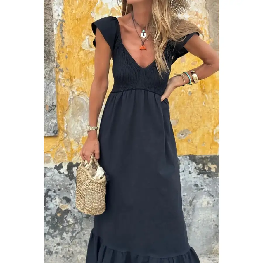 V Neck Ruffled Cap Sleeve Smocked Maxi Dress