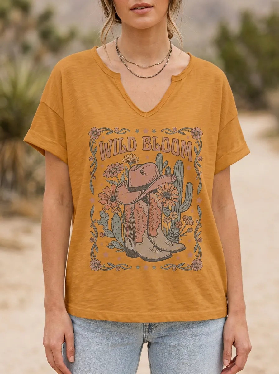 Cowboy-Boot Cactus Floral Women's V-Neck T-Shirt