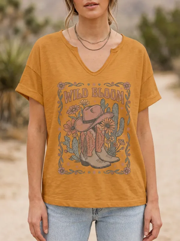 Cowboy-Boot Cactus Floral Women's V-Neck T-Shirt
