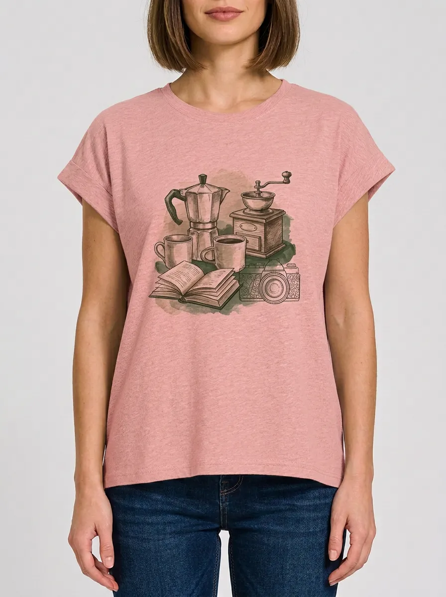 Women's Coffee Book Camera Graphic T-Shirt