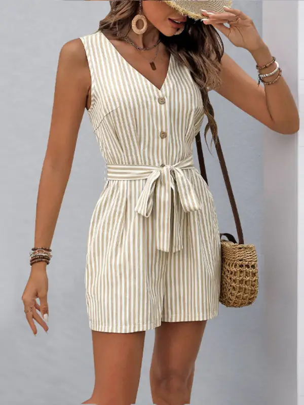 V Neck Sleeveless Striped Jumpsuit
