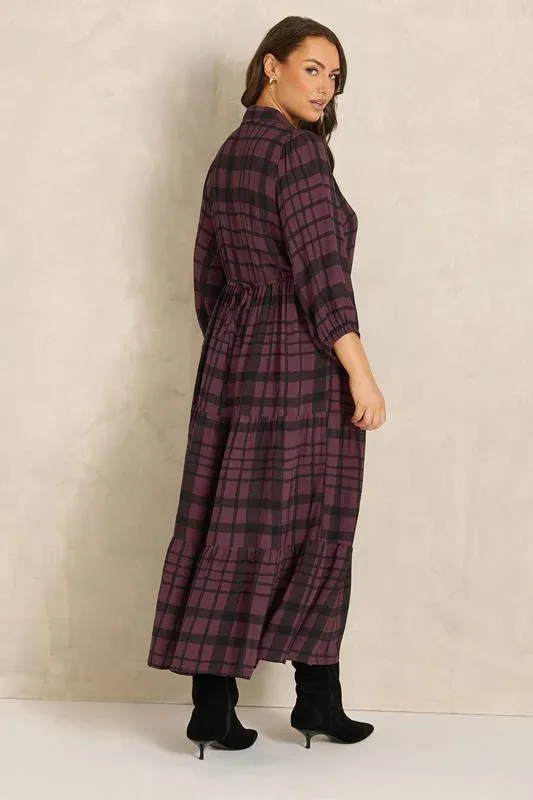 Burgundy Red Checked Tiered Maxi Dress