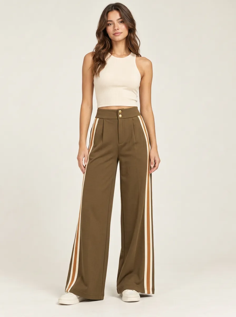 Women's High-Rise Double-Pleat Contrast-Stripe Wide-Leg Trousers