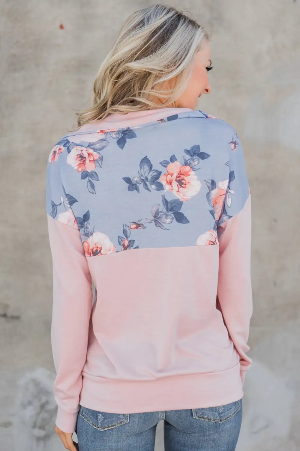 Floral Splice Kangaroo Pocket Zip Collar Sweatshirt