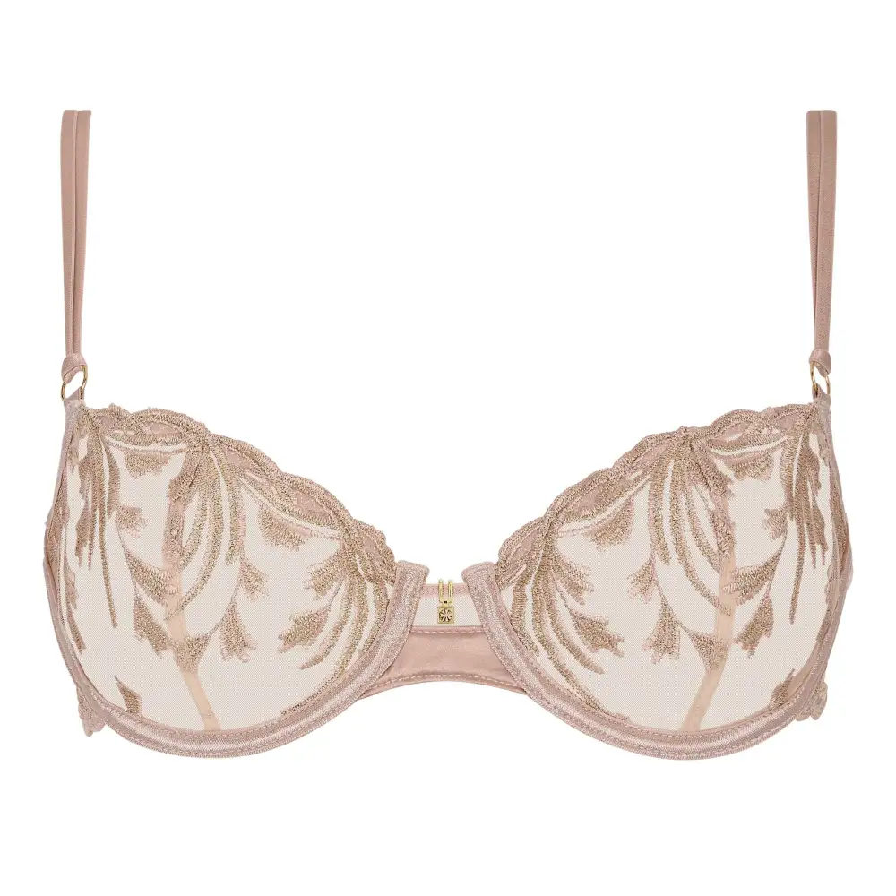 Women's Balconette Underwire Two-Part Cup Adjustable Straps Embroidery Decorative Stone Shimmer Detail Rounded Shape Bra