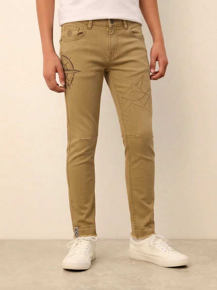 Men's Geometric Compass Graphic Printed Stretch Jeans