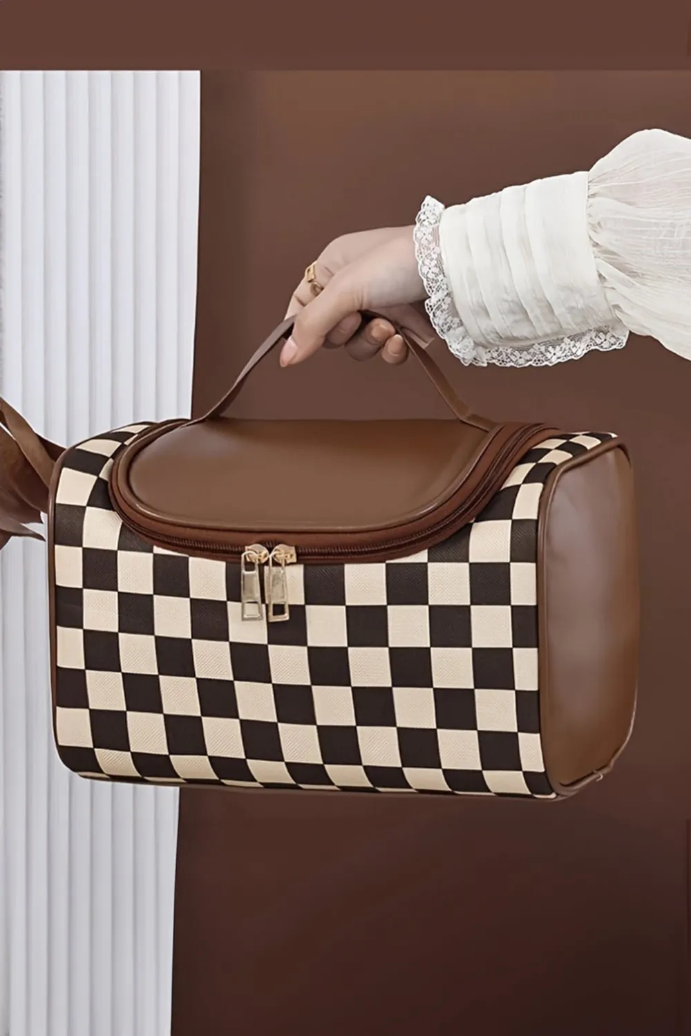 Checker Print Zipper Makeup Bag