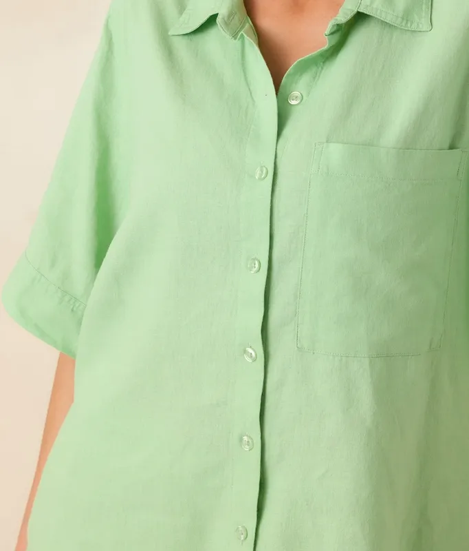 Light Green Linen Blend Button-Down Top