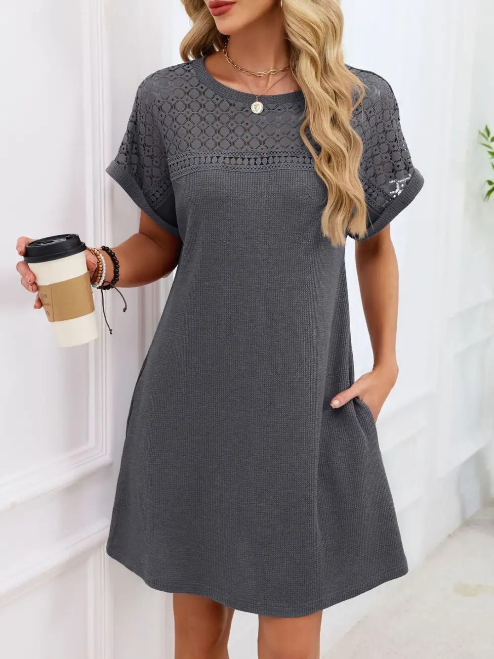 Lace Round Neck Short Sleeve Shirt Dress