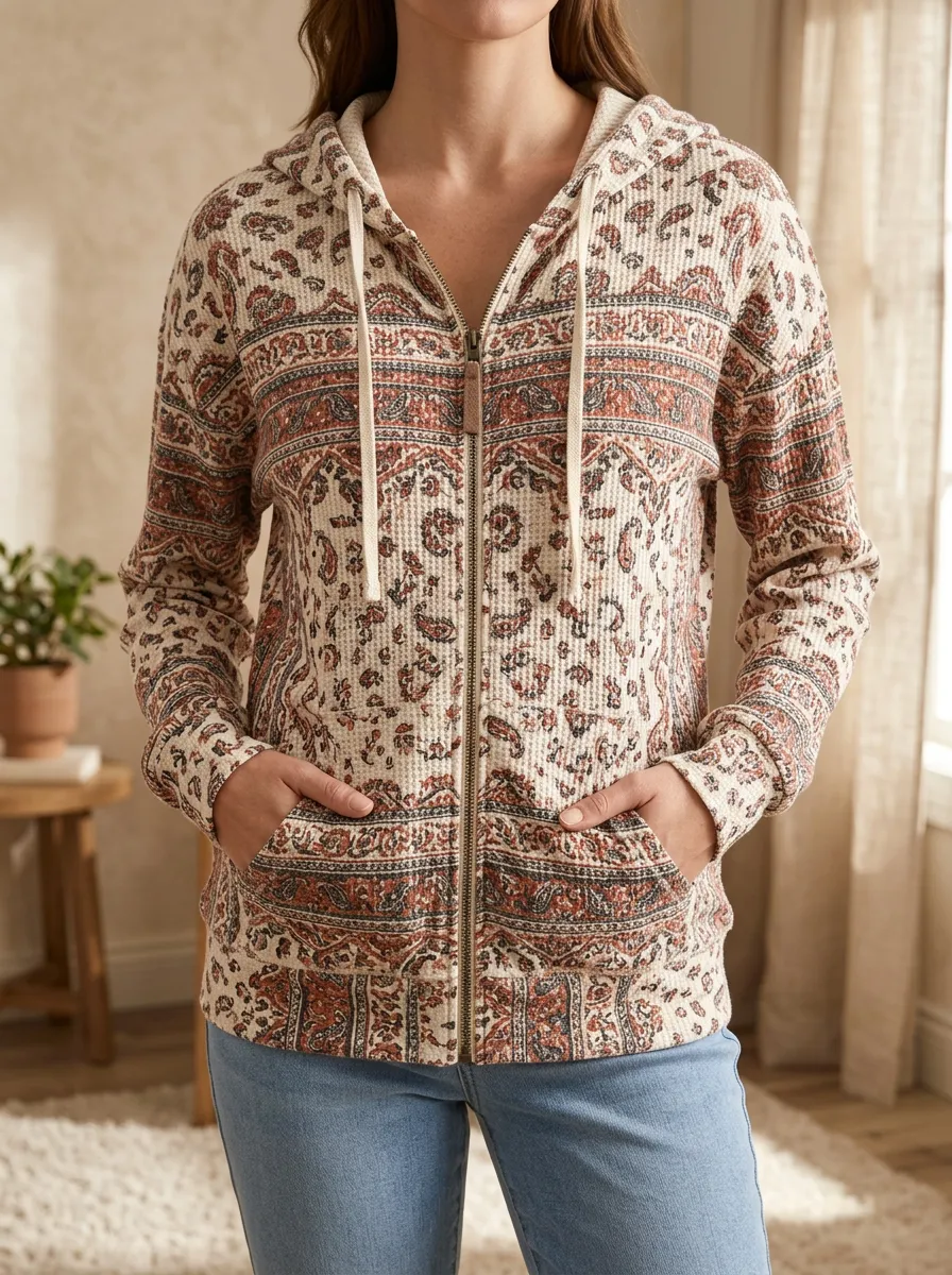 Women's Boho Paisley Waffle Knit Printed Zip Hoodie