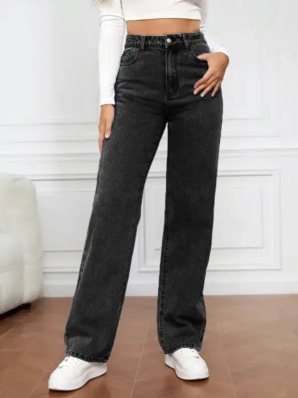Refined High-Waist Washed Pocketed Straight Leg Jeans