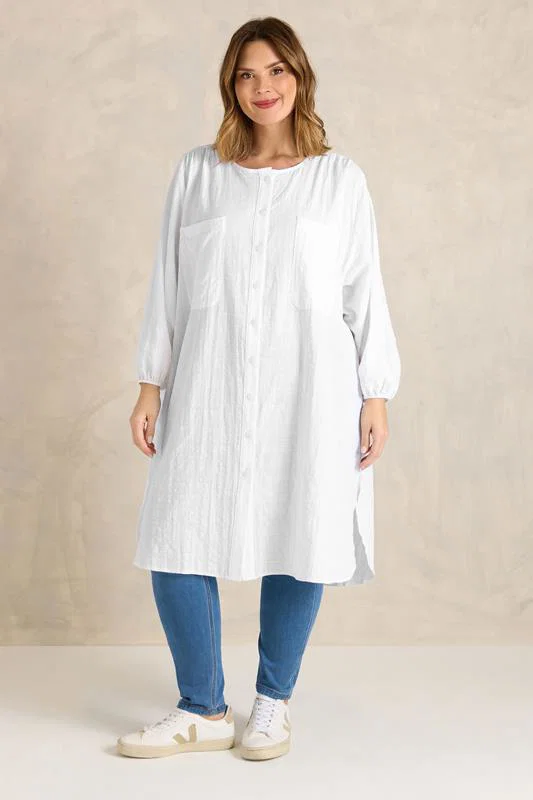 White Linen Longline Tunic Shirt detail 2