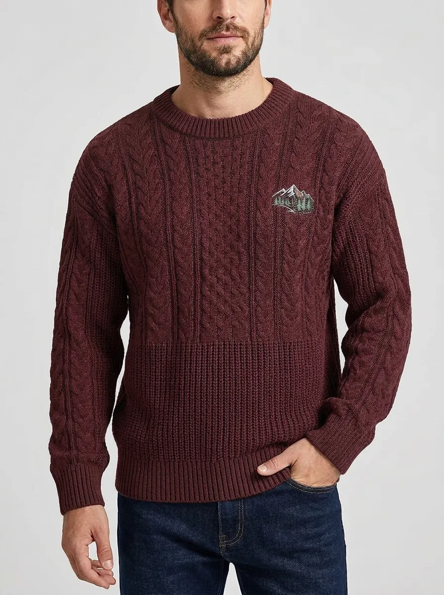 Men's Charcoal Nature Mountain Forest Embroidered Knit Sweater