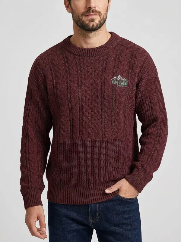 Men's Charcoal Nature Mountain Forest Embroidered Knit Sweater