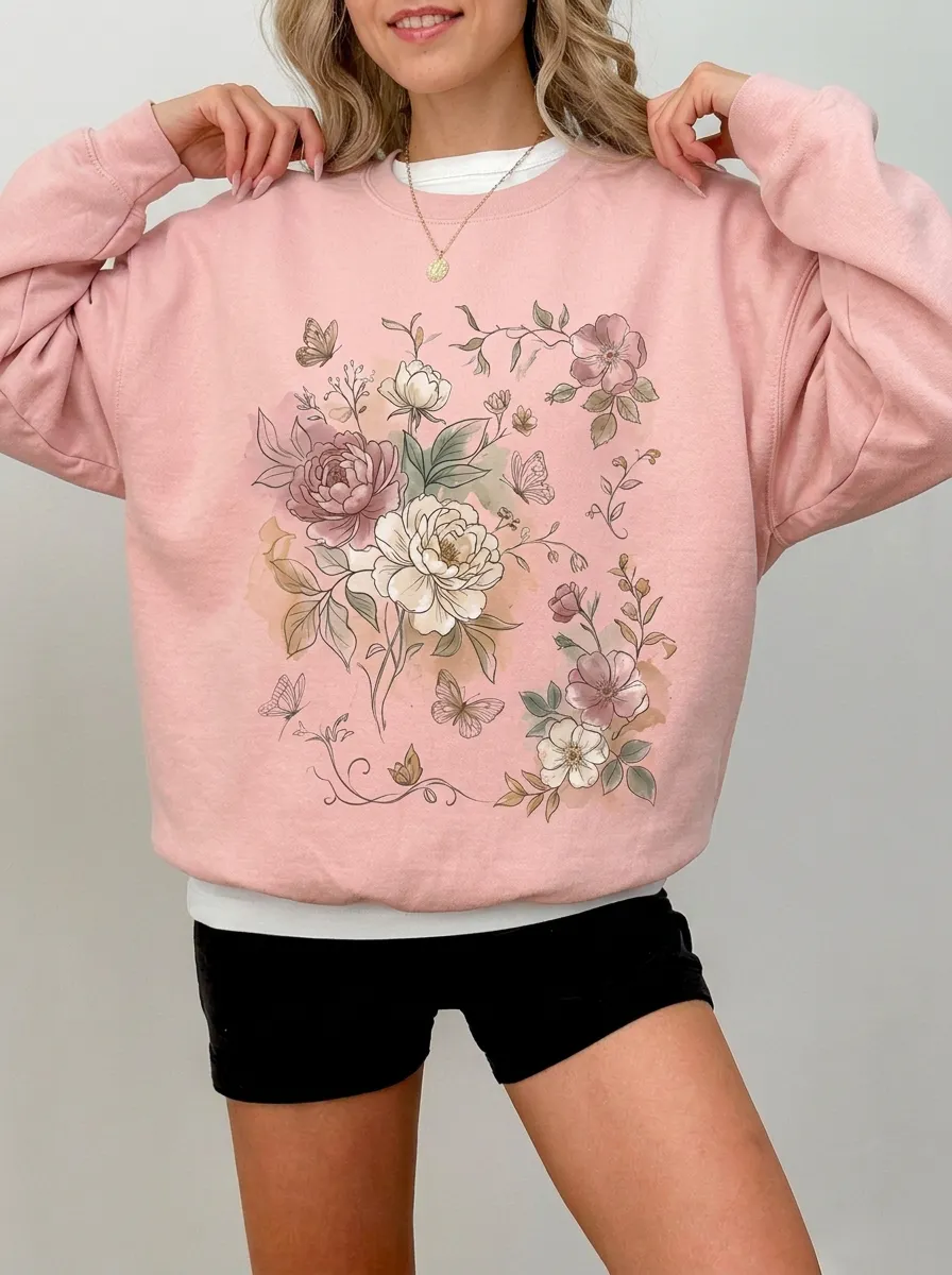 Women's Floral Butterfly Nature Lover Watercolor Printed Sweatshirt