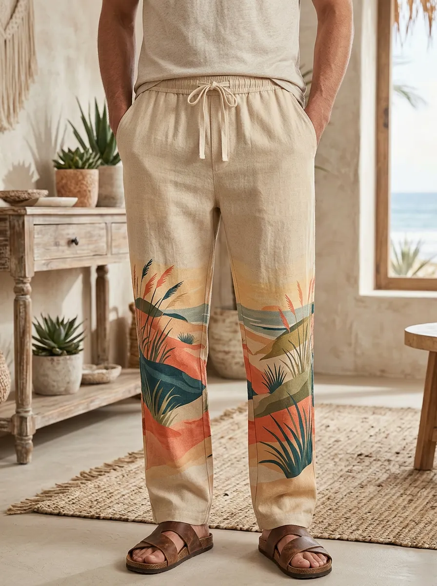 Men's Beach Landscape Grass Printed Linen Pants