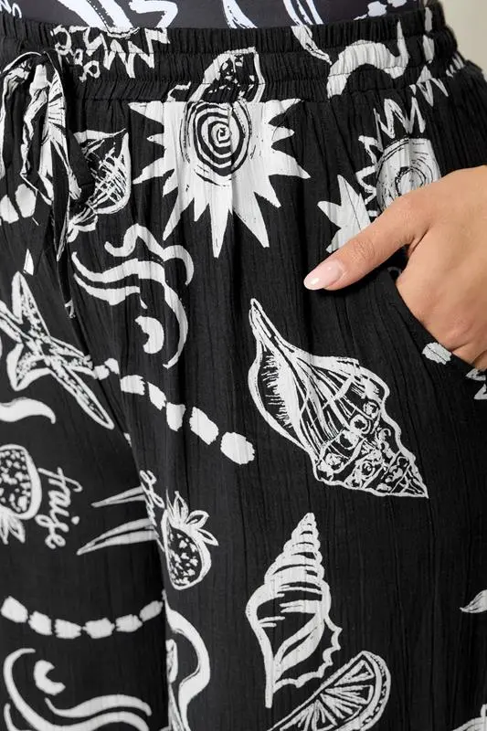 Black Summer Print Crinkle Beachwear Wide Leg Trousers