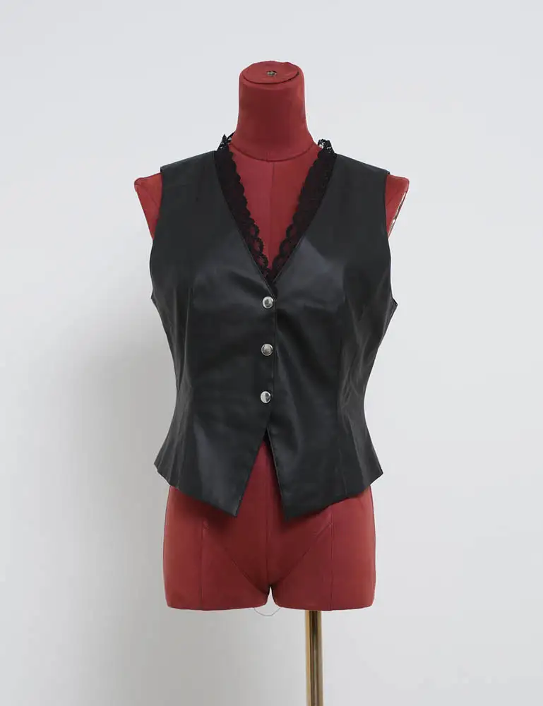 Street Chic Faux Leather V Neck Lace Trim Vest
