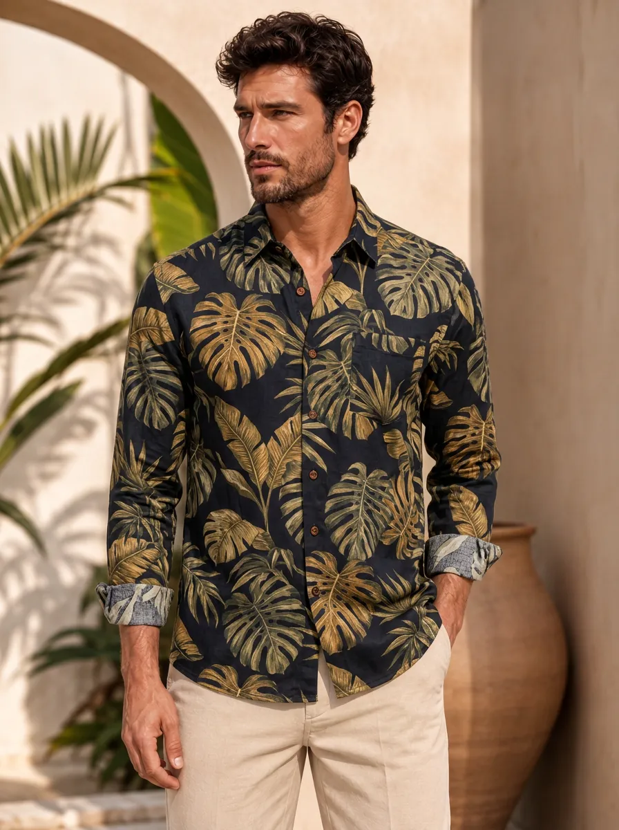 Men's Tropical Vacation Style Monstera Leaf Printed Long Sleeve Shirt