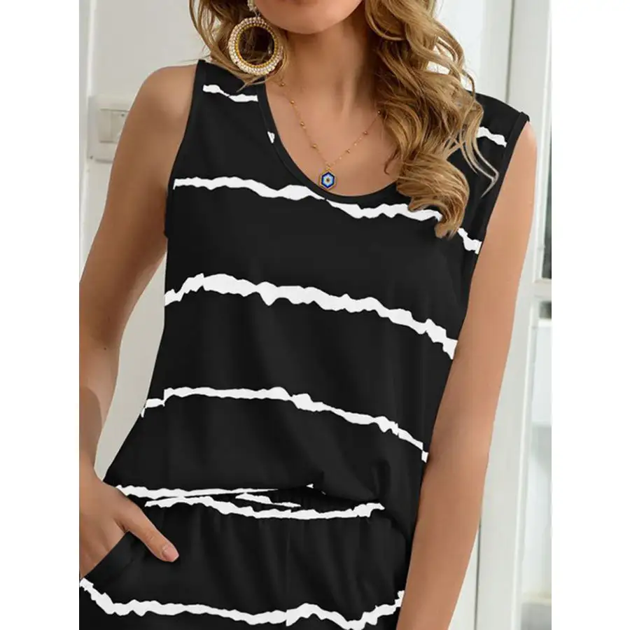 Striped Round Neck Tank and Shorts Lounge Set