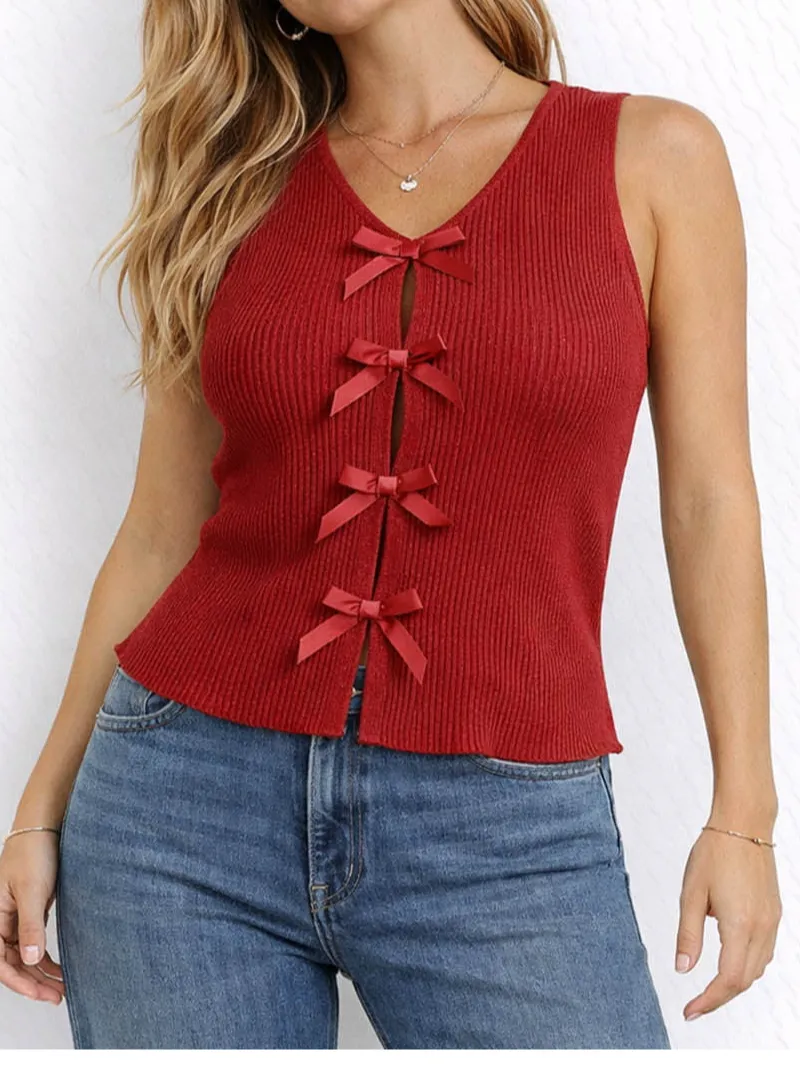 Chic Bow Front Ribbed Knit Round Neck Sleeveless Top