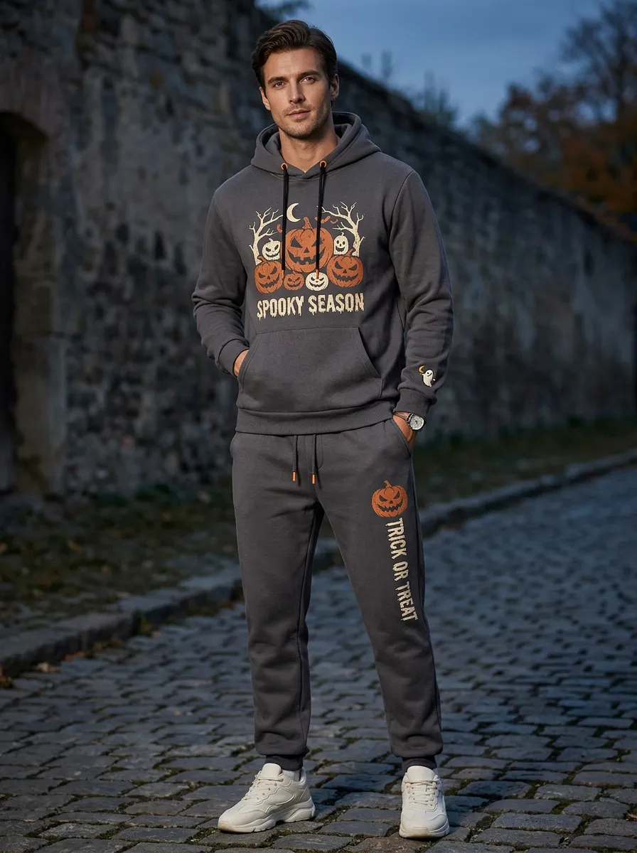 Men's Halloween Charcoal Spooky Season Pumpkin Ghost-Sleeve Hoodie Jogger Set
